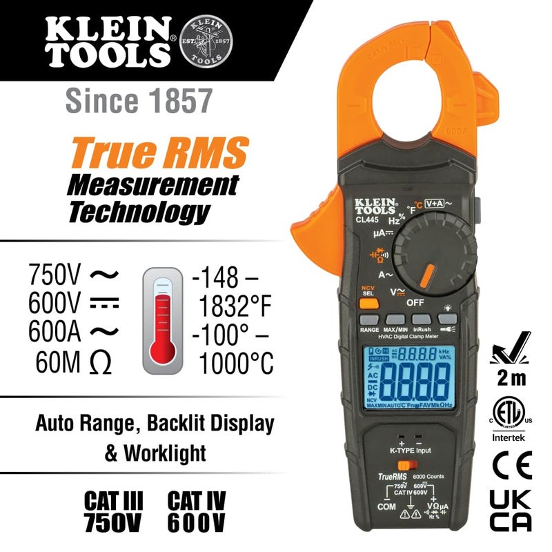 Klein Tools CL445 HVAC Clamp Meter, Auto-Ranging TRMS, NCVT, Measures Voltage, Current, Temperature, Micro Amps, InRush and More - Image 2